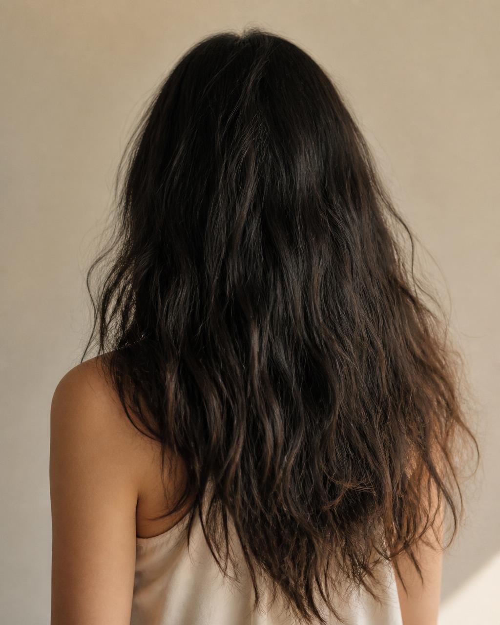 Avant le rituel NOOR — Cheveux longs, secs en pointes