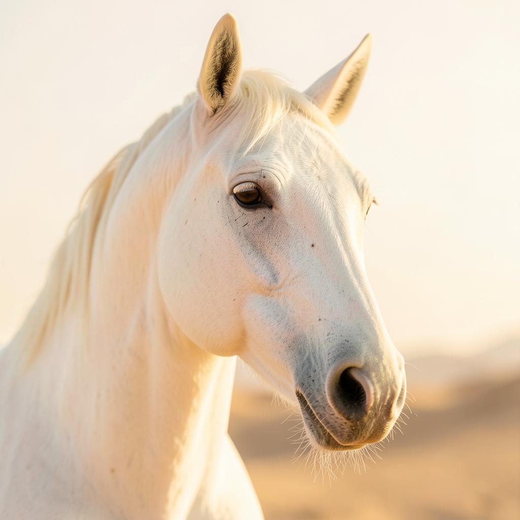 Pur-sang arabe blanc dans la lumière dorée du désert
