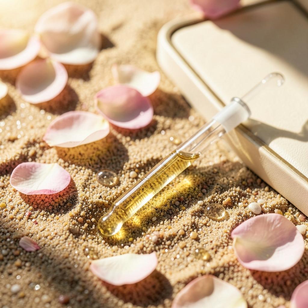 Pipette d'huile NOOR sur le sable et pétales