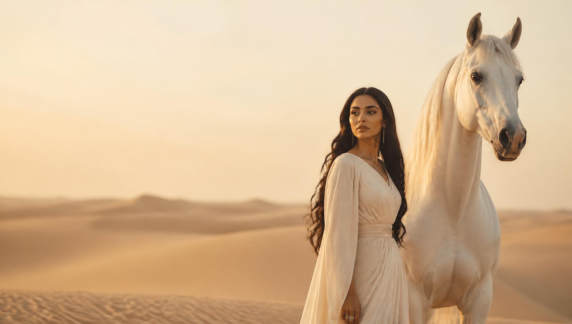Femme élégante en tenue ivoire aux côtés d'un pur-sang arabe blanc dans le désert doré